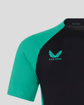 Teal sleeve of junior pro coaches training shirt with black body and teal crest on chest