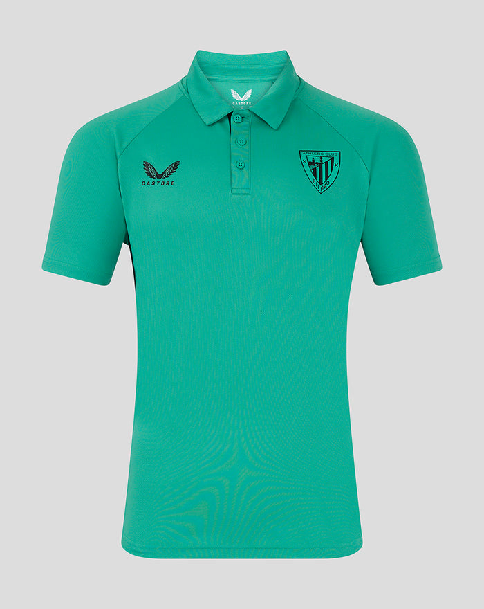 Bright teal men's presentation polo with three button placket and club crest on chest.
