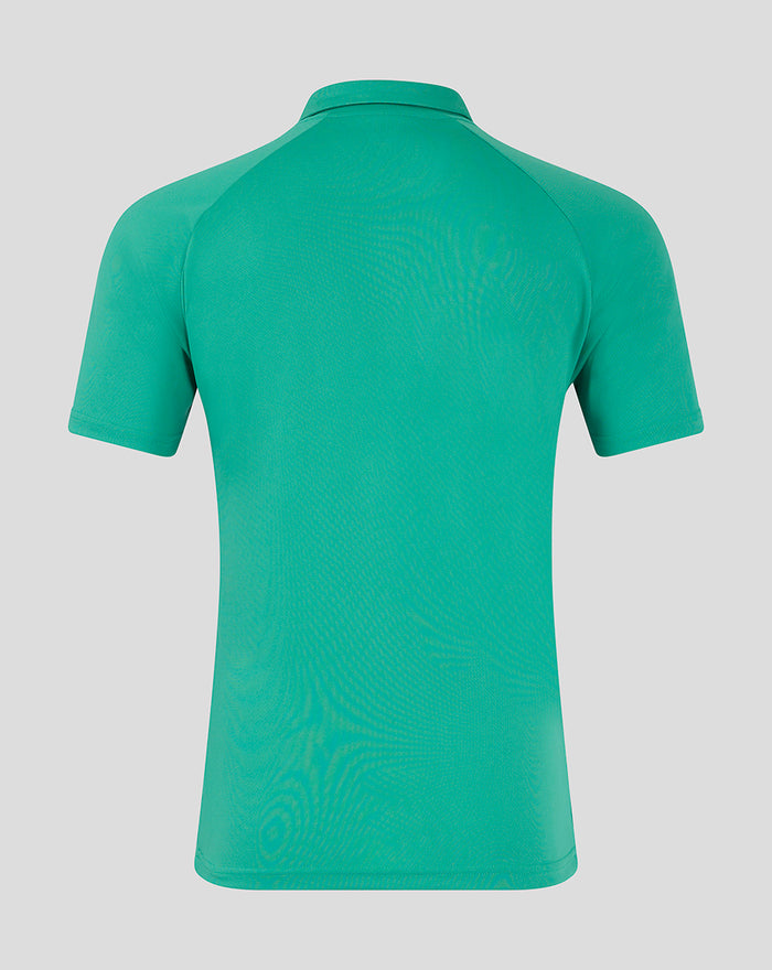 Back view of teal men's presentation polo showing a clean tailored fit.
