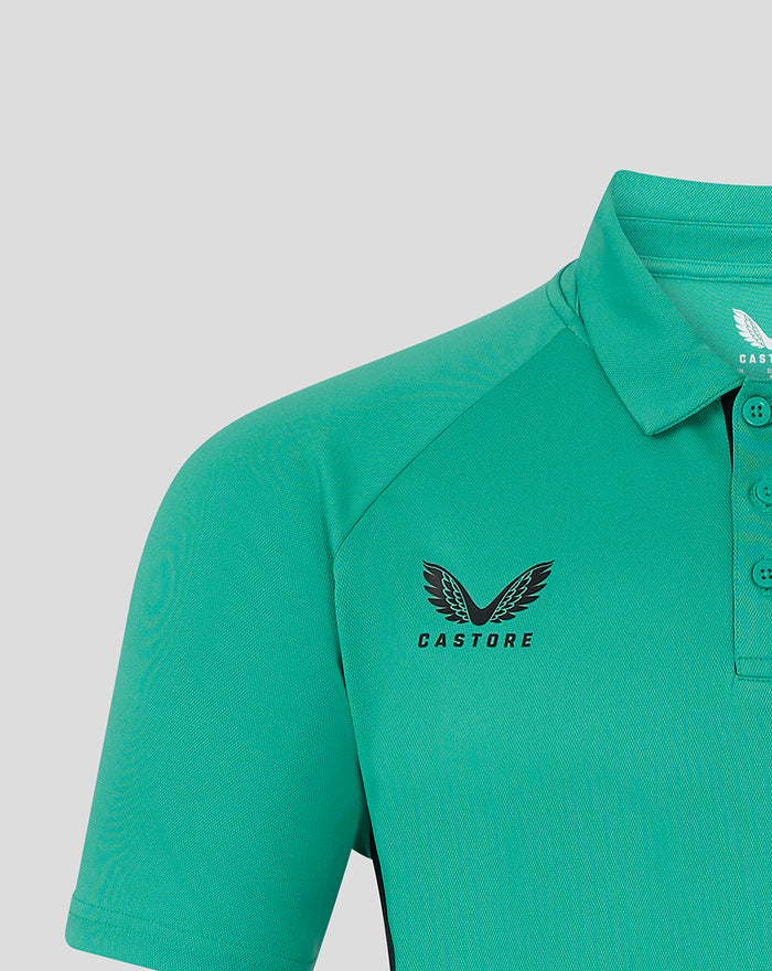 Teal polo shirt with winged Castore logo on left chest and button placket
