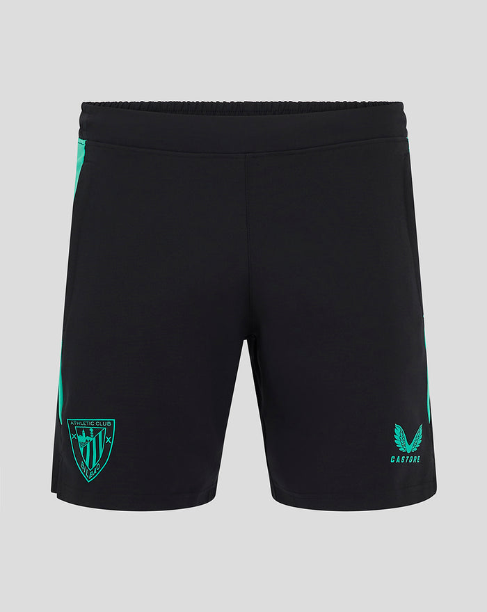 Black junior pro woven shorts with teal side panels, left club crest and right Castore logo