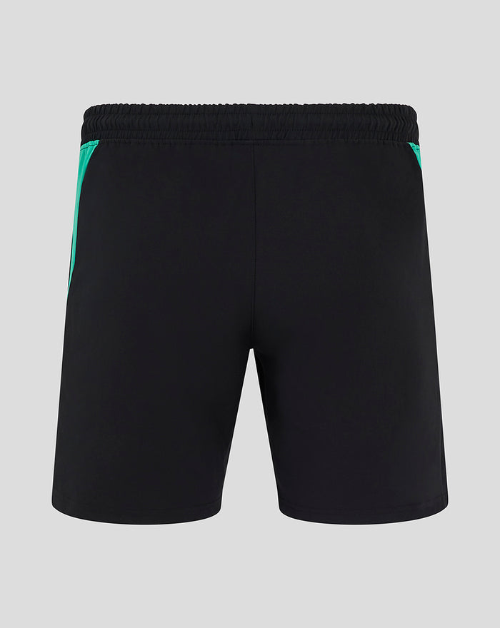 Back view of black junior pro woven shorts with teal side panels