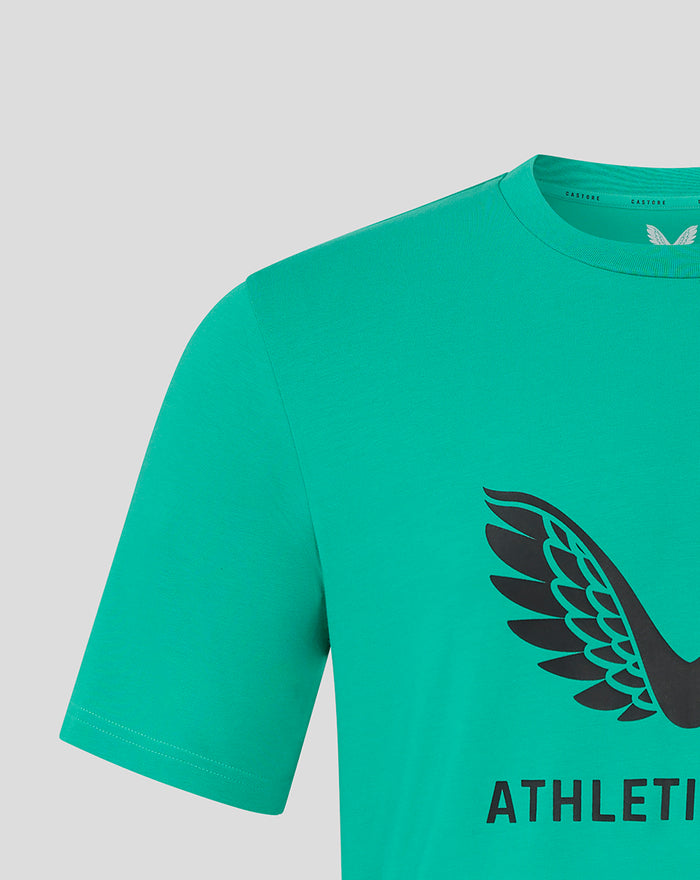 Close-up of the teal green tee front displaying the wing logo and ATHLETIC CLUB text