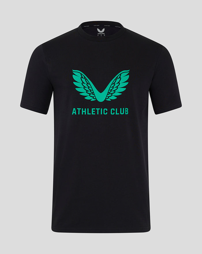 Black men's tee with turquoise wing logo and Athletic Club text on the front