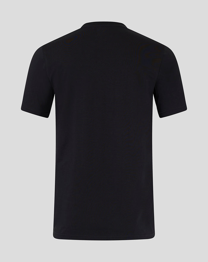 Back view of black short sleeve men's tee showing a plain design