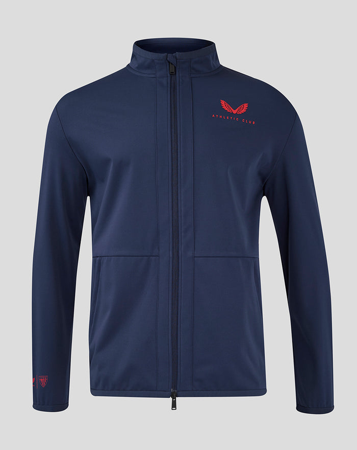 Front view of navy men's Athletic Club Travel Softshell Jacket with red crest on left chest and zip front.