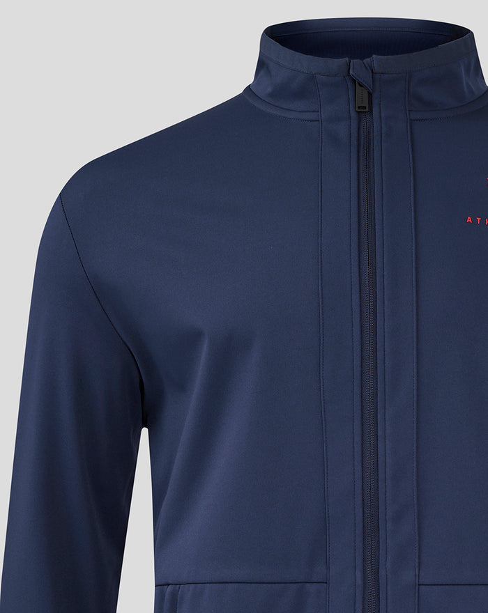 Navy junior travel softshell jacket close-up of funnel neck collar and front zip