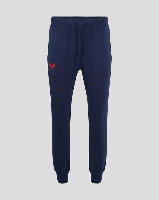 Front view of navy travel pants with external drawcords and a red Athletic Club logo on the left thigh