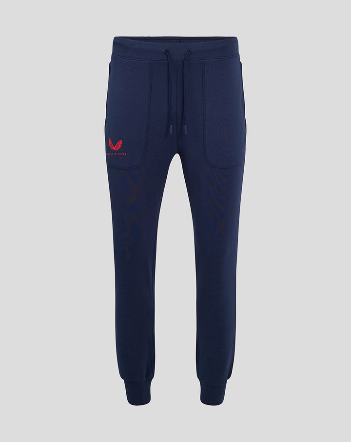 Front view of navy travel pants with external drawcords and a red Athletic Club logo on the left thigh