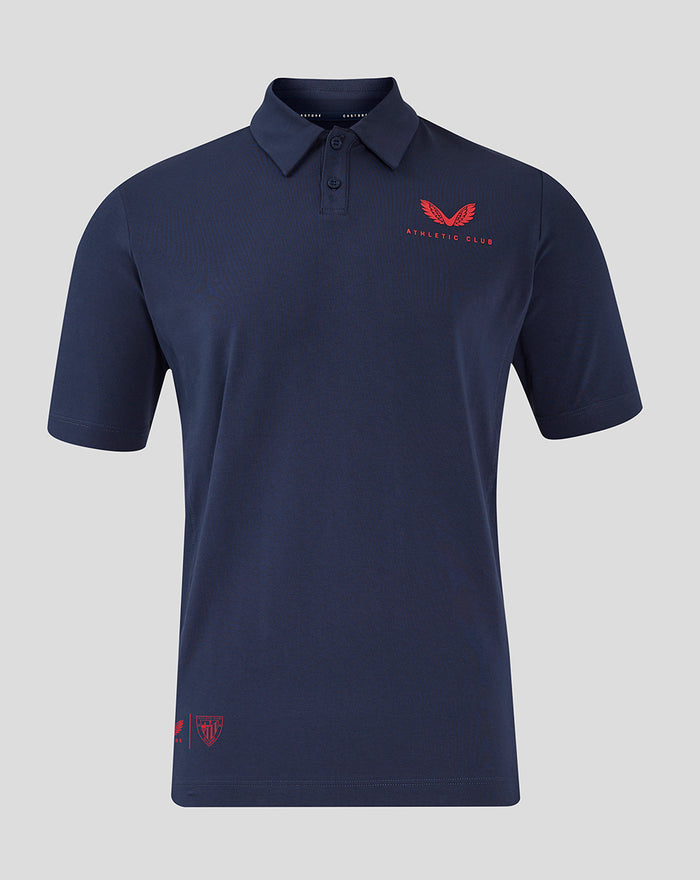 Navy travel polo shirt with foldover collar two-button placket and left chest branding.