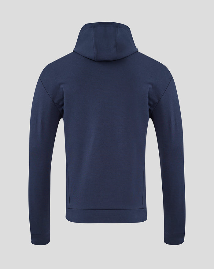 Back view of navy Junior Travel Logo Hoodie showing plain back and attached hood.