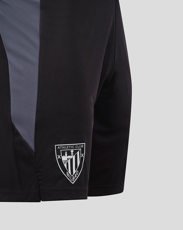 Close-up of GK training shorts in black with a gray blue side panel and Athletic Club Bilbao crest on the leg.