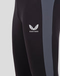 Close up of black training pants showing gray side panel and Castore wing logo