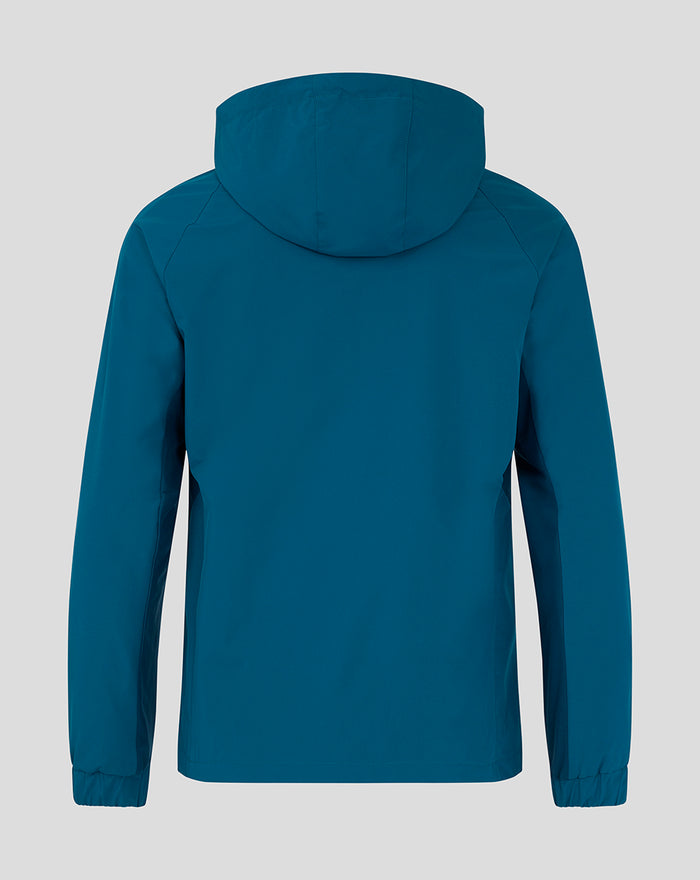 Back view of teal blue GK training rain jacket with hood