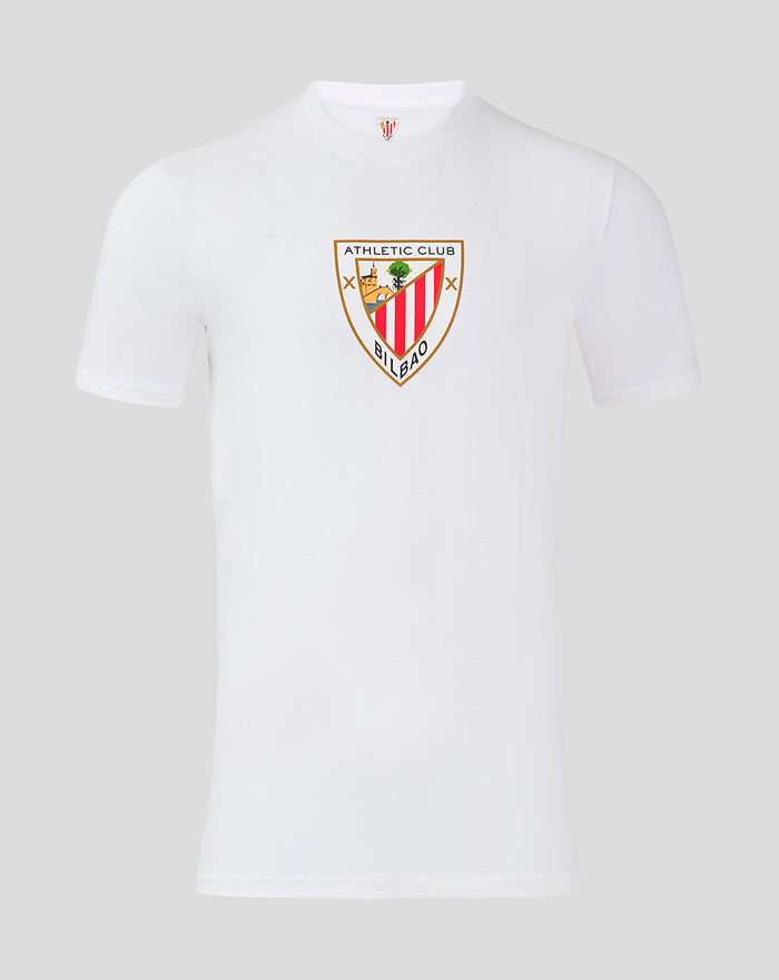 White men's core crest tee with Athletic Club Bilbao shield centered on chest