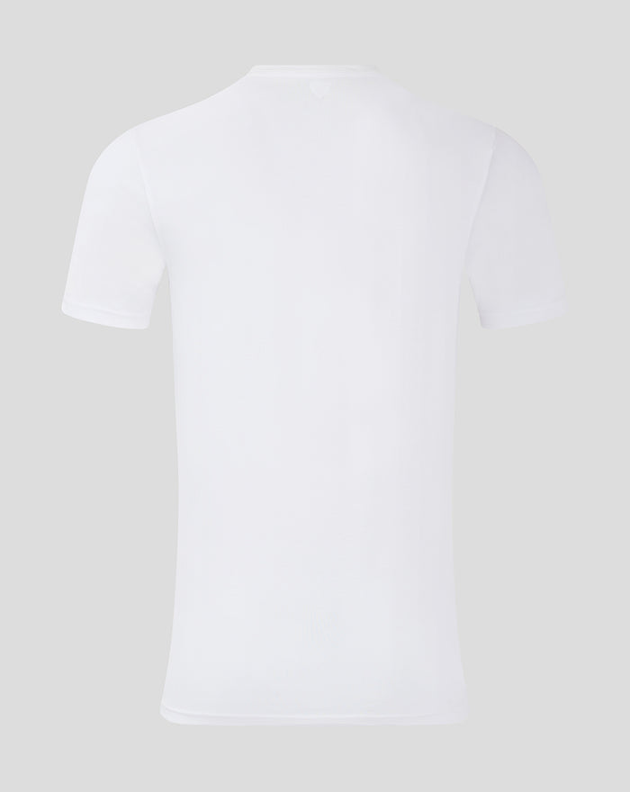 Back view of white men's core crest tee with plain fabric