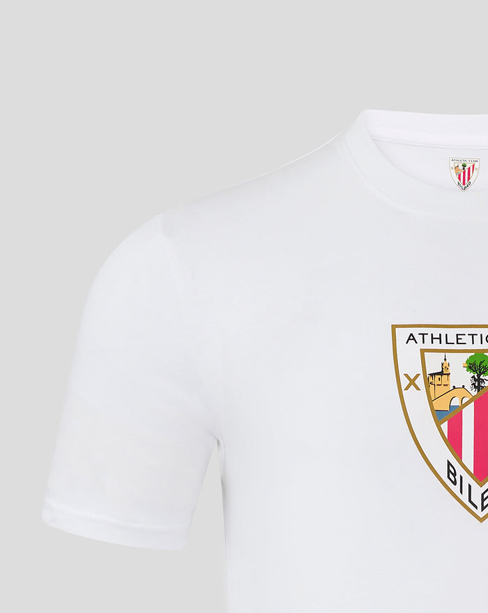 Close-up of the white crew neck tee with large crest on the chest near the collar