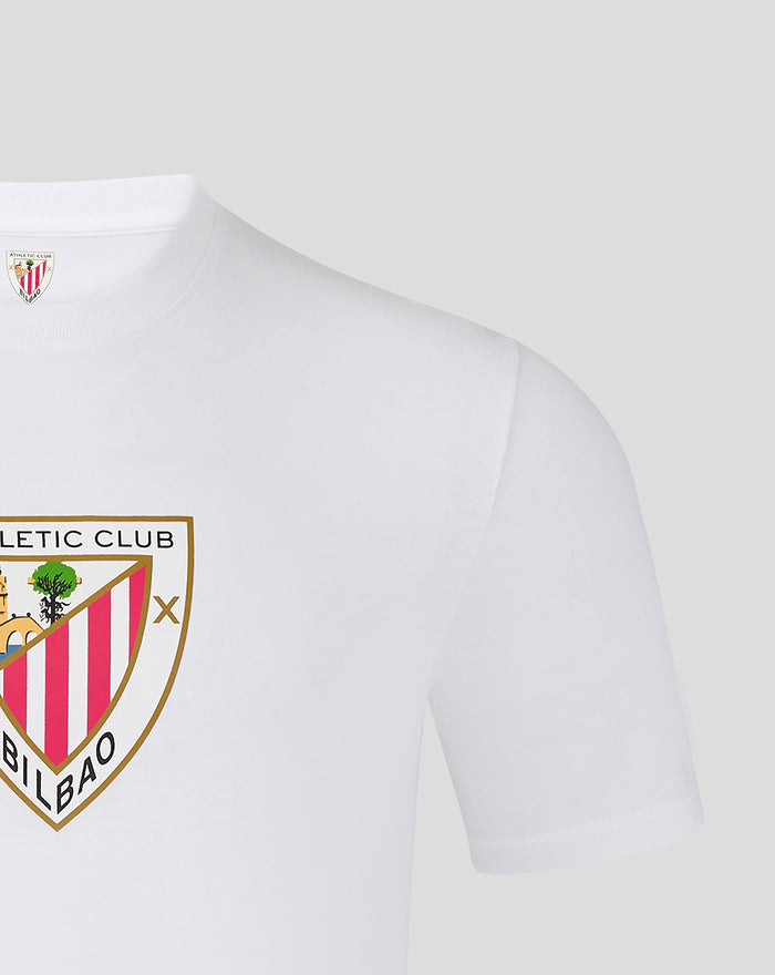 Detail of white tee showing crest print across the chest and short sleeve