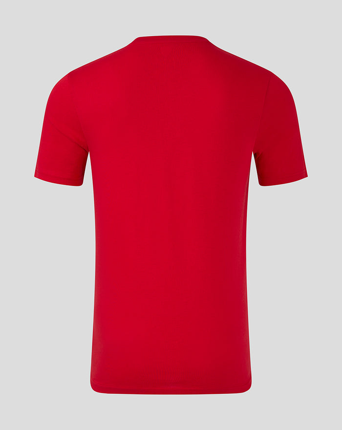 Back view of red MEN'S CORE CREST TEE with solid color.