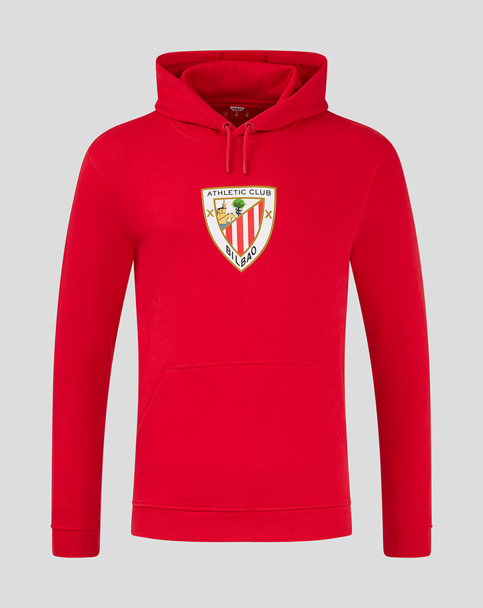 Front view of red men's core hoodie with crest emblem on chest