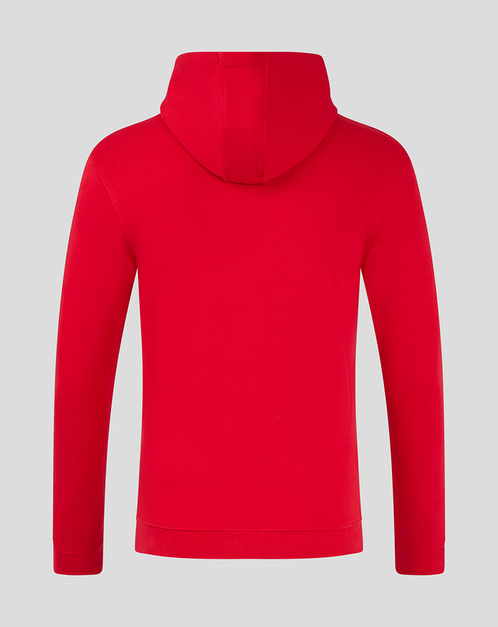 Back view of red men's core hoodie with hood up