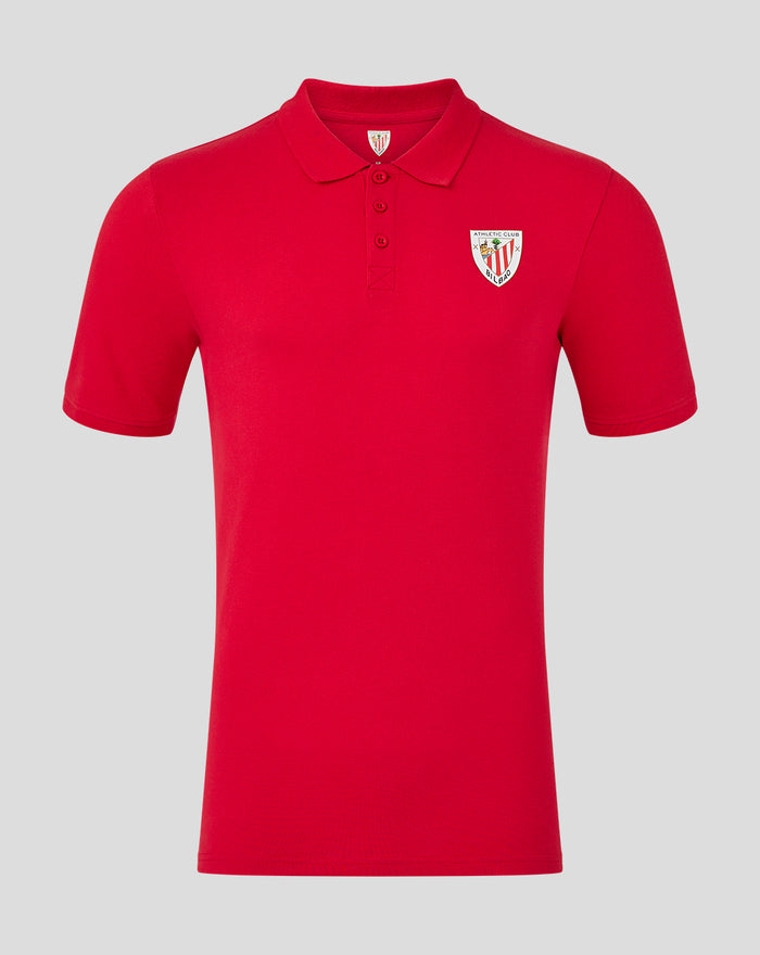 Red polo shirt with collar three button placket and crest badge on left chest
