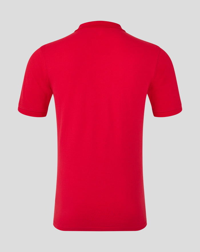 Rear view of red MEN'S CORE POLO shirt on light gray background.