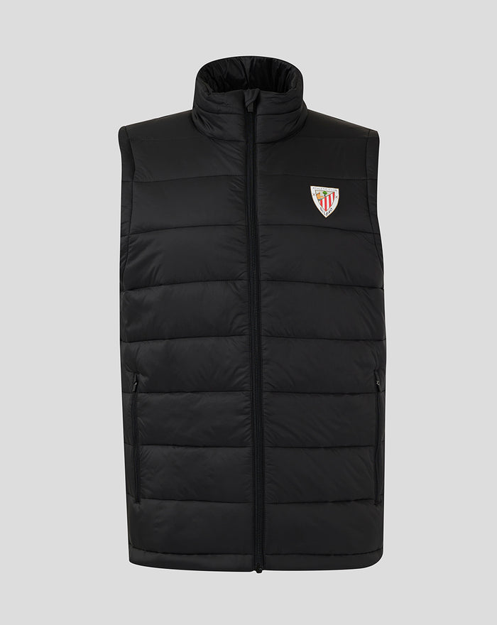 Black padded gilet with zip front and high collar, featuring a crest on the left chest