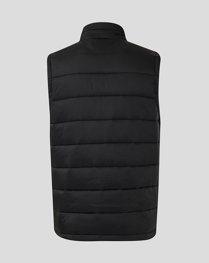 Back view of a black quilted gilet with a stand collar