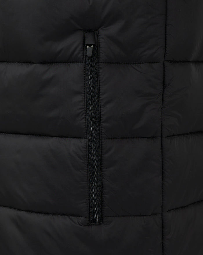 Close up of a black quilted core gilet showing zipper detail