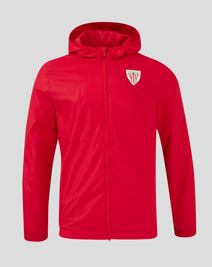 Front view of a bright red hooded jacket with zip closure and crest emblem on the chest