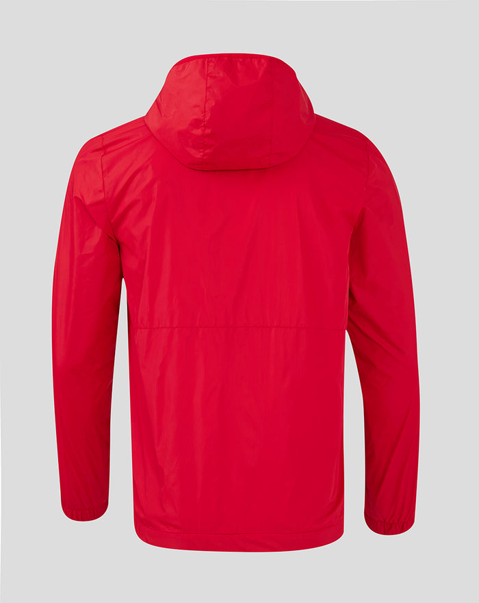 Back view of red Men's Core Summer Jacket with hood.