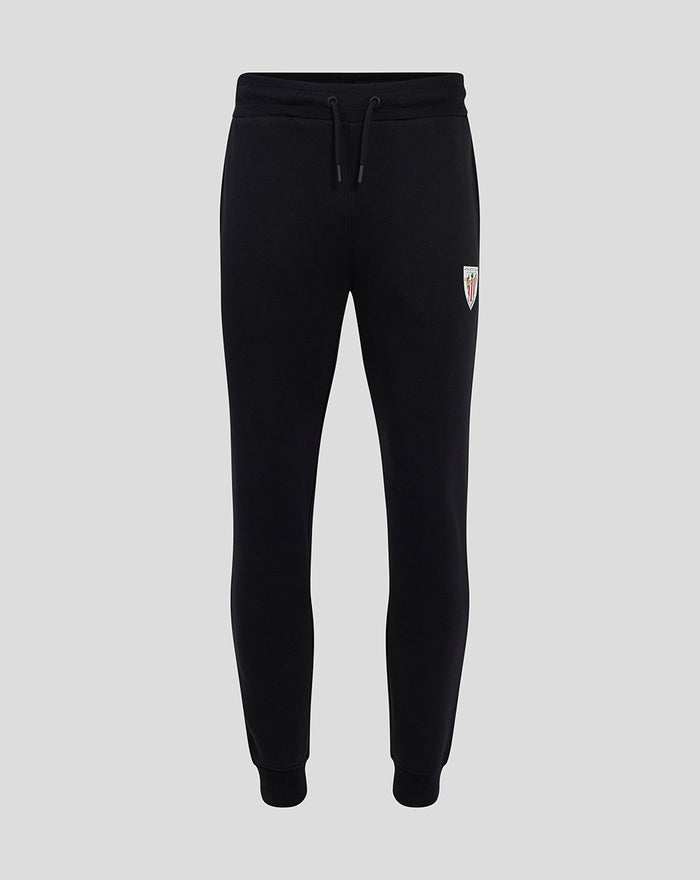 Front view of black men's core joggers with a drawstring waist and crest patch on the thigh.