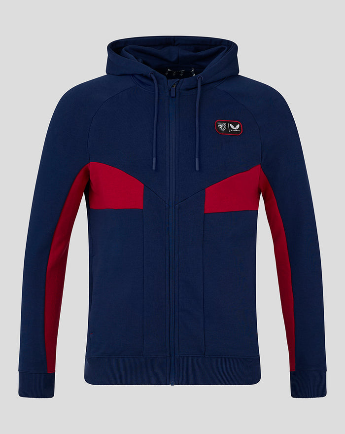 Navy blue athletic club fleece full zip jacket with red color block panels on chest