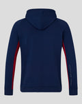 Back view of navy athletic club fleece full zip jacket with hood and red side panels