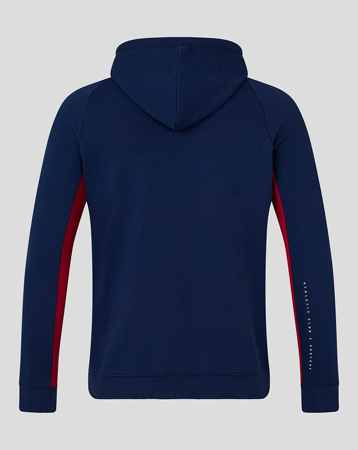 Back view of navy athletic club fleece full zip jacket with hood and red side panels