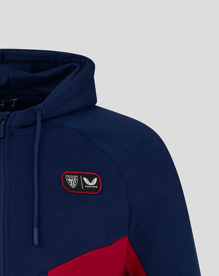 Navy Athletic Club fleece full zip jacket close up of chest with red edged badge patch