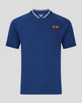 Blue Athletic Club cotton polo shirt front view with striped collar and left chest badge.