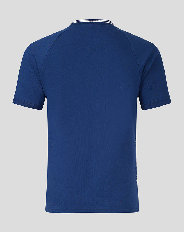 Back view of blue ATHLETIC CLUB COTTON POLO with a striped collar.