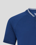 Detail of blue polo collar with white striped trim and shoulder seam.