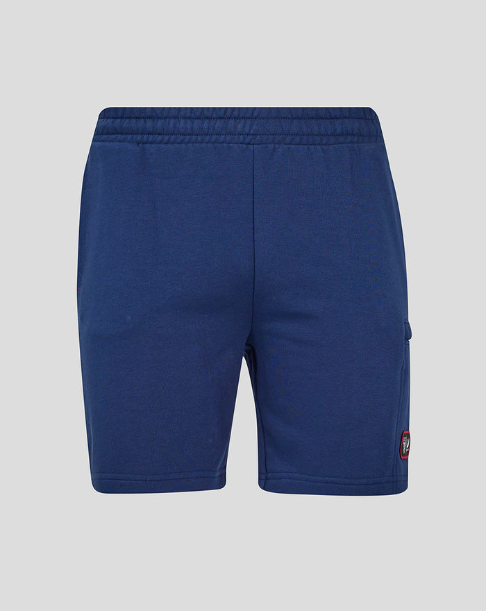 Back view of blue Athletic Club shorts with elastic waistband and rear pocket.