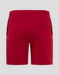 Back view of red athletic club shorts with an elastic waistband and a single back welt pocket.