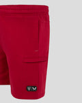 Back-right panel of red athletic club shorts featuring a welt pocket and visible stitching.