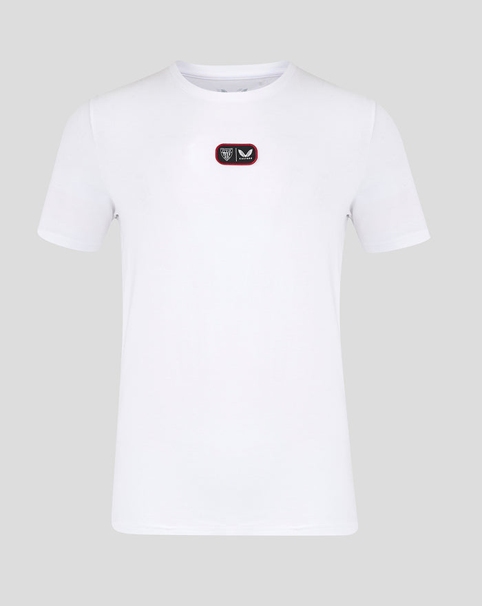 White ATHLETIC CLUB COTTON TEE with small red-bordered chest patch featuring club emblem and Castore logo.