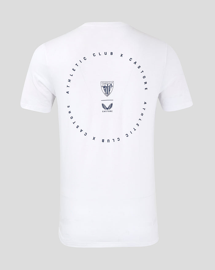 Back view of white ATHLETIC CLUB COTTON TEE with a circular logo on the upper back.