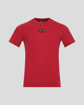 Red athletic club cotton tee front view with a small black chest logo patch