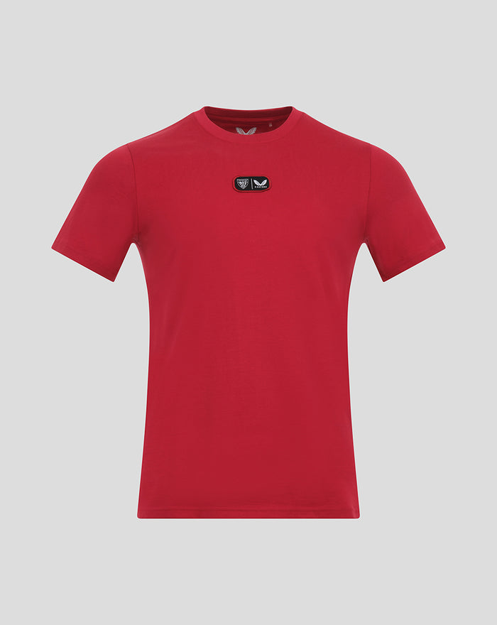 Red athletic club cotton tee front view with a small black chest logo patch