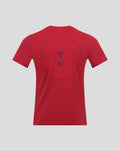 Red athletic club cotton tee back view with circular blue graphic around the crest
