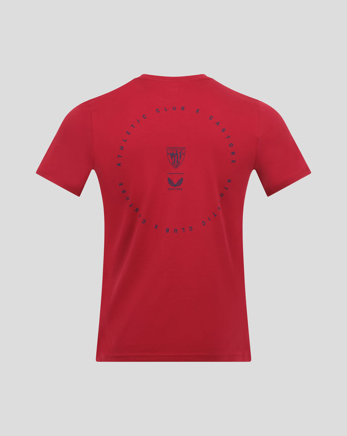 Red athletic club cotton tee back view with circular blue graphic around the crest