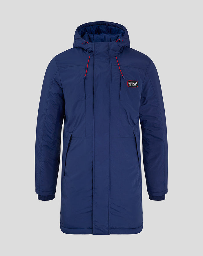 Navy blue athletic club winter jacket with hood red drawstrings and a chest crest patch